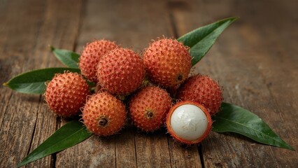 Fresh lychee fruits with green leaves arranged on a wooden surface.