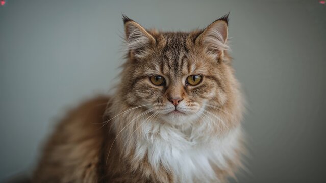 A close-up of a fluffy, brown tabby cat with yellow eyes. - Powered by Adobe