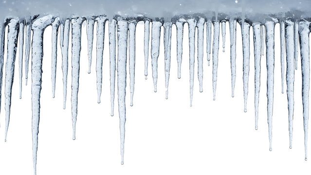 Beautifully formed, crystal-clear icicles hanging delicately against a plain white background, capturing the pristine and cold essence of winter's natural artistry