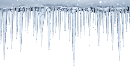 Glistening array of sharp icicles hanging from an icy ledge, embodying the serene beauty and crisp chill of a winter season. A sparkling natural formation