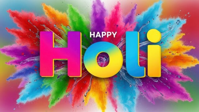 Happy Holi festival greeting with vibrant color powder and water splashes. Dynamic background for Indian celebration - Powered by Adobe