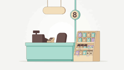 Minimalist store checkout counter illustration with cash register and snacks