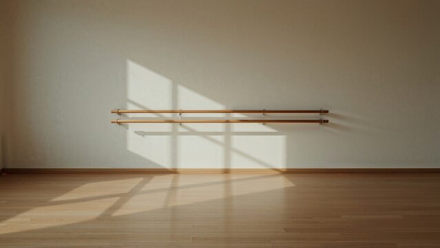 Empty dance studio with wall-mounted barre and sunlight casting shadows on the wall. Interior, exercise, and movement space.