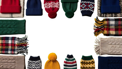 A vibrant collection of warm winter hats and scarves meticulously arranged around a central blank space, perfect for seasonal designs and cozy promotions
