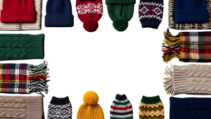 A vibrant collection of warm winter hats and scarves meticulously arranged around a central blank space, perfect for seasonal designs and cozy promotions