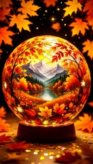 Autumn landscape in a glowing glass sphere with warm colors representing seasonal magic and cozy ambiance