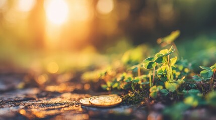 Coins resting on ground with green plants and sunlight during early morning