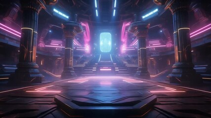 Vibrant neon lights illuminate a stunning futuristic digital hall, creating an immersive high-tech environment perfect for a virtual reality experience or cyberpunk adventure - Powered by Adobe