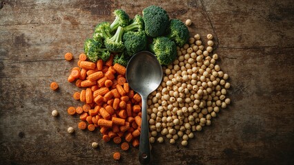 Assorted fresh vegetables including broccoli, carrots, and chickpeas arranged on a rustic wooden surface with a metal spoon.