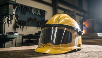 Yellow hard hat with a clear face shield on a wooden workbench. Industrial workshop setting with tools and equipment. Personal protective equipment for safety