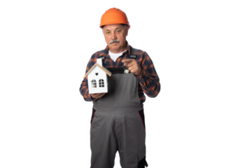 Construction worker holding a house model and a key