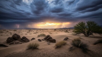 Desert landscape with stormy cloudy sky.