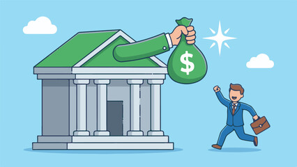 Happy businessman receiving money bag from bank building, financial success