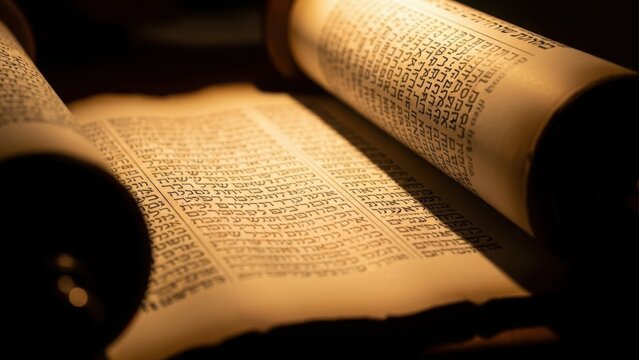 Close-up of an ancient Torah scroll with Hebrew script. Sacred Jewish religious manuscript on parchment. Holy book of Judaism and biblical history concept