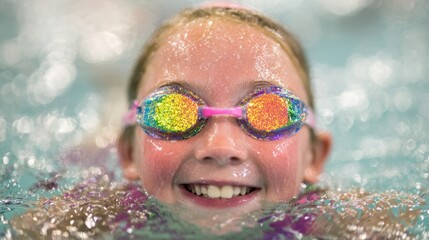 Child enjoys swimming with colorful goggles in a pool on a sunny day