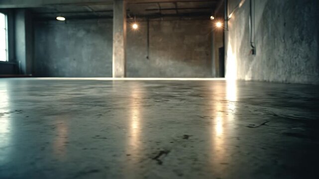 4K Empty industrial loft space with concrete walls and floor, illuminated by warm lights reflecting on the polished surface video