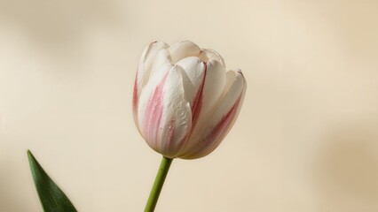 A single tulip flower with white and pink petals and a green stem against a light background.