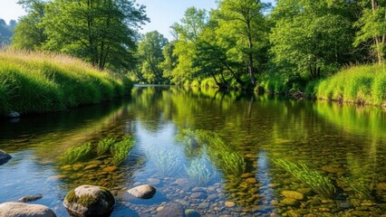 A clear river flowing through a lush green forest in summer. Idyllic natural landscape with transparent water revealing stones on the riverbed