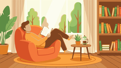 Man reading a book in a comfortable armchair by the window at home. © StockStudio