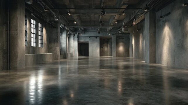 4K Empty industrial loft space with concrete walls and polished floor, large windows, and modern track lighting, perfect for events or exhibitions video