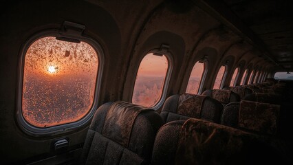 Sunset viewed through rain-covered airplane windows from inside the aircraft.