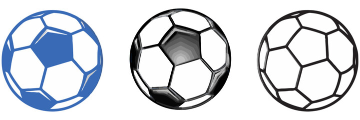 Soccer ball icon set. Football sign.  Soccer Symbol.  Set of Soccer Balls or Football Ball in Black, Blue and Outline Design