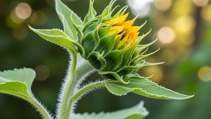 Close-up of young sunflower blooming.