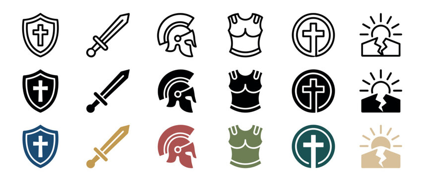 Set of Christian spiritual warfare icons with a shield of faith, sword, helmet, breastplate, cross, and resurrection symbol in line, glyph, and color styles on