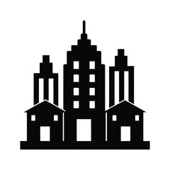 Fototapeta premium Black silhouette icon representing a diverse city skyline with towering skyscrapers and residential houses, symbolizing urban development and architectural diversity