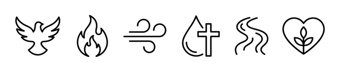 Fototapeta premium Set of Christian religious line icons representing the Holy Spirit, baptism, and new life, including a dove, fire, wind, water, and heart