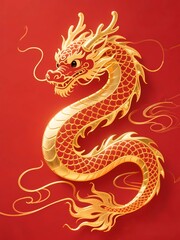 Obraz premium Majestic Golden Dragon Illustration on Vibrant Red Background for Lunar New Year