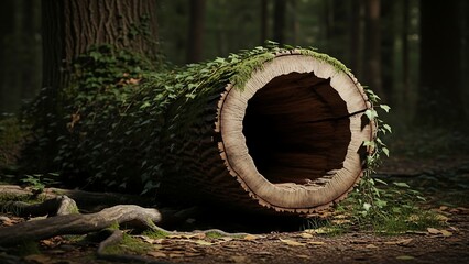Cut tree trunk in forest environment.