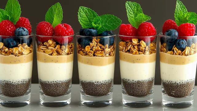 Chia seed pudding parfait with creamy layers, granola, fresh raspberry, blueberry, and mint leaves arranged clear glasses for healthy snack and treat