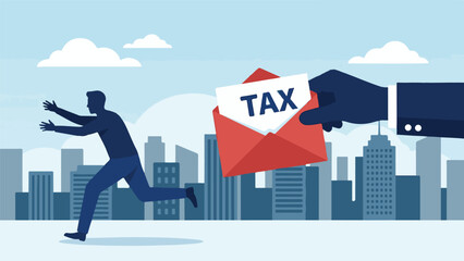 Man Running From Tax Letter in City Skyline, Financial Burden Concept