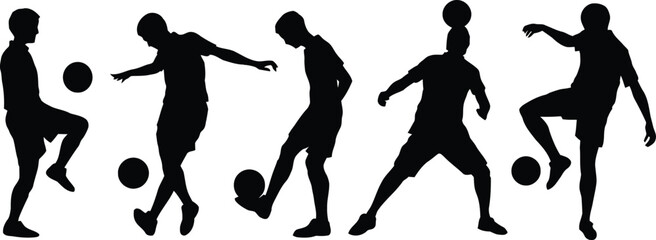 soccer, player, silhouette, football, sport, vector, action, pose, kick, dribble, juggle, game, training, competition, athlete, male, active, lifestyle, fitness, illustration, motion, dynamic, movemen