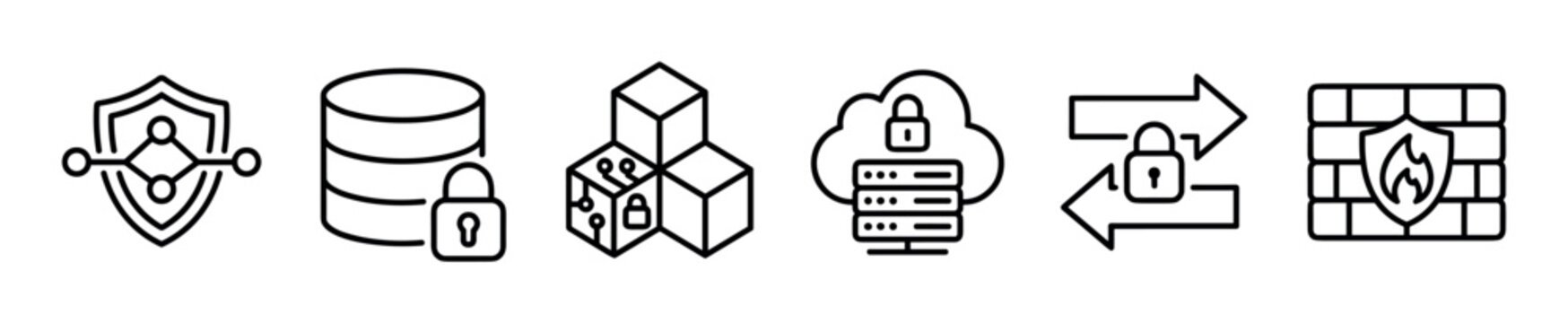 Cybersecurity and data protection line icon set representing firewall, cloud storage, blockchain, and database security in a minimalist style