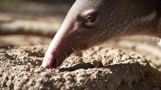 Close up of a curious anteater digging in the dirt, wildlife animal.