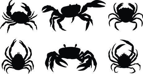 crab, silhouette, sea, animal, marine, ocean, wildlife, nature, vector, illustration, crustacean, shell, claw, creature, isolated, graphic, design, element, black, shape, collection, set, transparent,