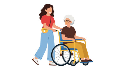 Smiling caregiver pushing senior woman in wheelchair, providing support.