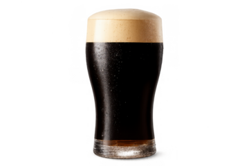 Glass of dark stout beer with creamy foam head and condensation, a refreshing alcoholic beverage