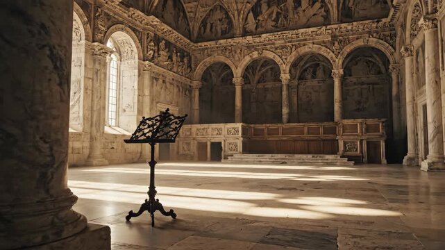 Ornate hall features marble floors columns arches and a dark lectern in the foreground illuminated by sunlight streaming through tall windows