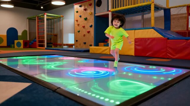 Footage capturing a medium shot of a pressuresensitive digital floor reacting with colorful feedback under the weight of a childs playful steps in an indoor play area.