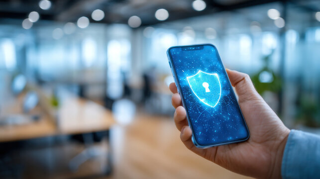 Secure mobile phone with digital shield lock icon in office hand holding smartphone