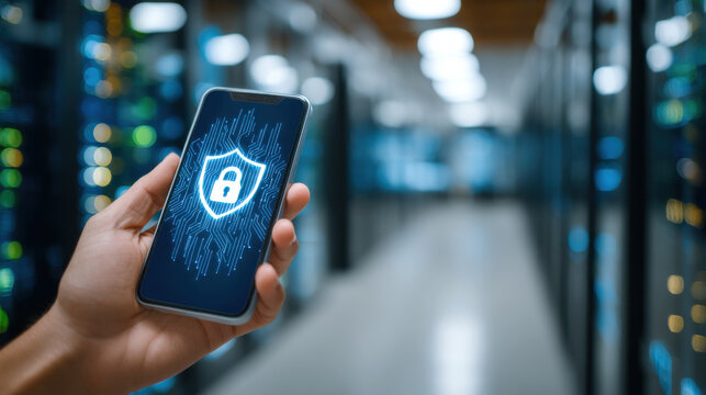 Secure mobile phone displaying shield lock icon protecting data server room environment, conveying digital security - Powered by Adobe