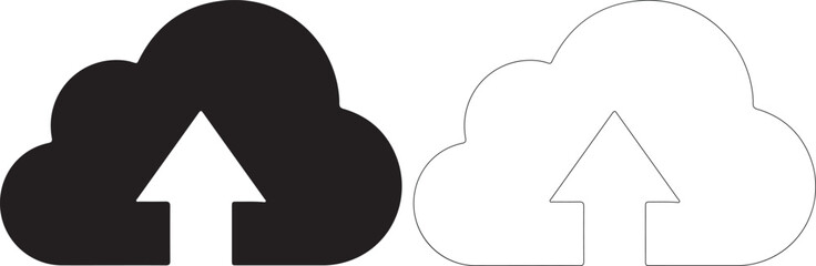 Cloud upload icons with arrows, black and white, for data storage and transfer