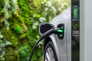 Electric Car Charging Station in Nature - Silver EV Connected to Charger at 85% with Zero Emissions Sign, Green Energy Eco-Friendly Concept, Sustainable Transport and Renewable Power in Outdoor Forest