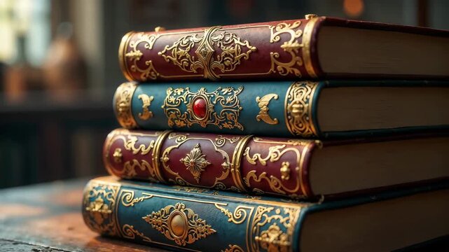 A stack of ornate antique books with gilded covers. Close-up of vintage leather-bound volumes in a classic library. Knowledge, history, and literature concept