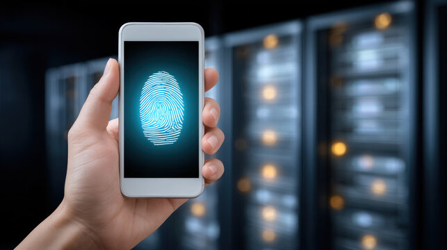 Hand holding smartphone with glowing fingerprint scanner in front of server racks showing biometric access and data security - Powered by Adobe