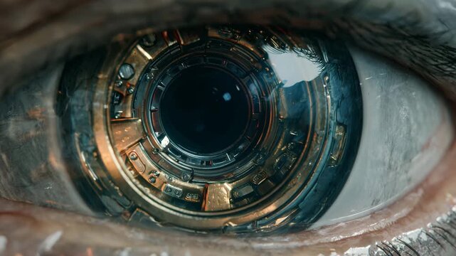 4K Closeup of a futuristic bionic eye with a glowing red light, representing advanced technology, artificial intelligence, and cybernetics video