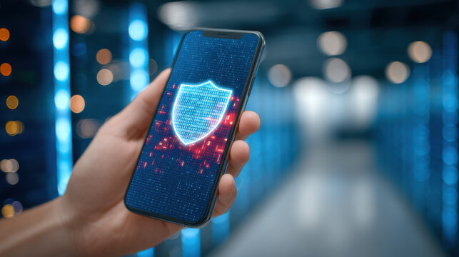 Hand holding smartphone with digital shield on screen in data center corridor, cyber security protection concept
